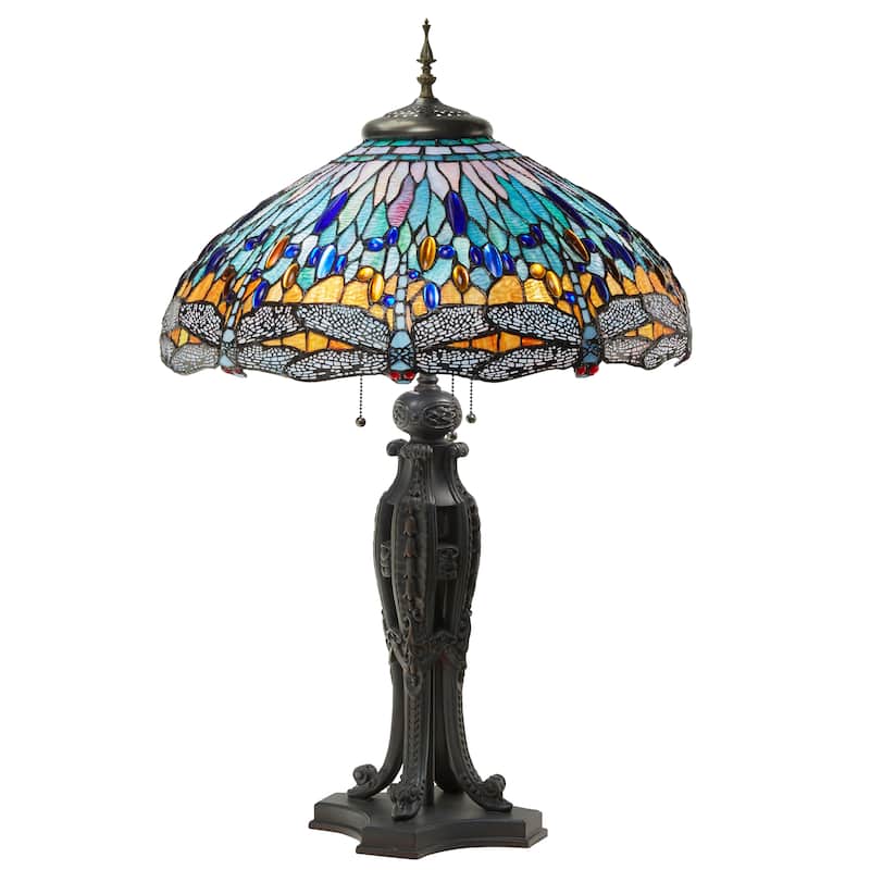 Multi Dragonflies River of Goods Tiffany-Style Multicolored Stained Glass 35-Inch Table Lamp - 22" x 22" x 35" - 22" x 22" x 35" - Orange/Aqua/Blue/Purple/Antique Bronze