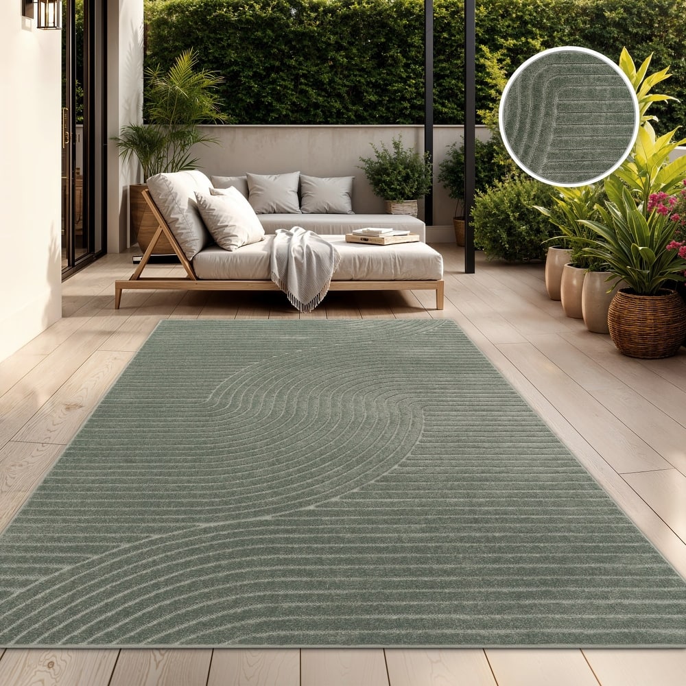 Minimalist In- & Outdoor Rug Boho with Curved Line Pattern in Silver Cream