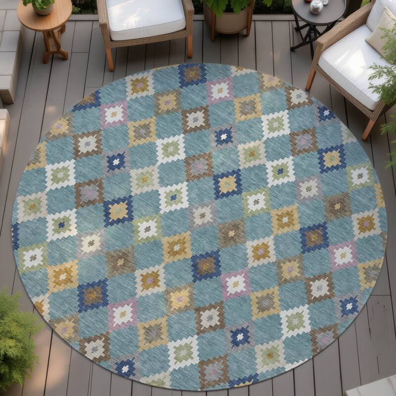 Machine Washable Indoor/ Outdoor Global Ahmet Chantille Rug - Teal - 8' x 8'