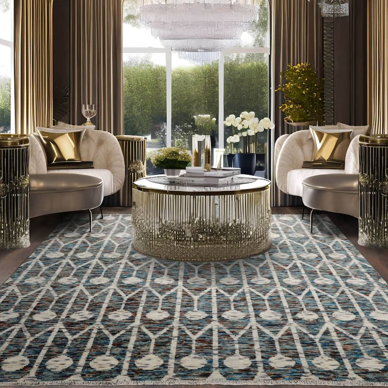 Hand Knotted Ivory, Turquoise Oushak Wool Art Deco Oriental Area Rug - 7' 11'' x 10' 3''