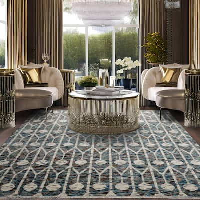 Hand Knotted Ivory, Turquoise Oushak Wool Art Deco Oriental Area Rug - 7' 11'' x 10' 3''