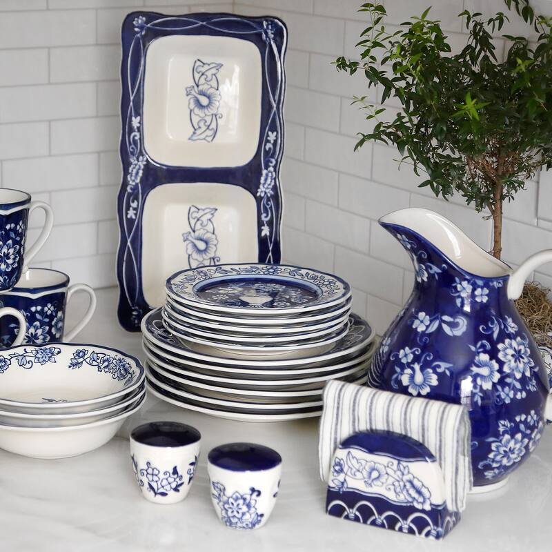Euro Ceramica Blue Garden Table Accessory Set (Salt & Pepper Shakers & Napkin Holder) - 4.5 x 2.8 x 3.5