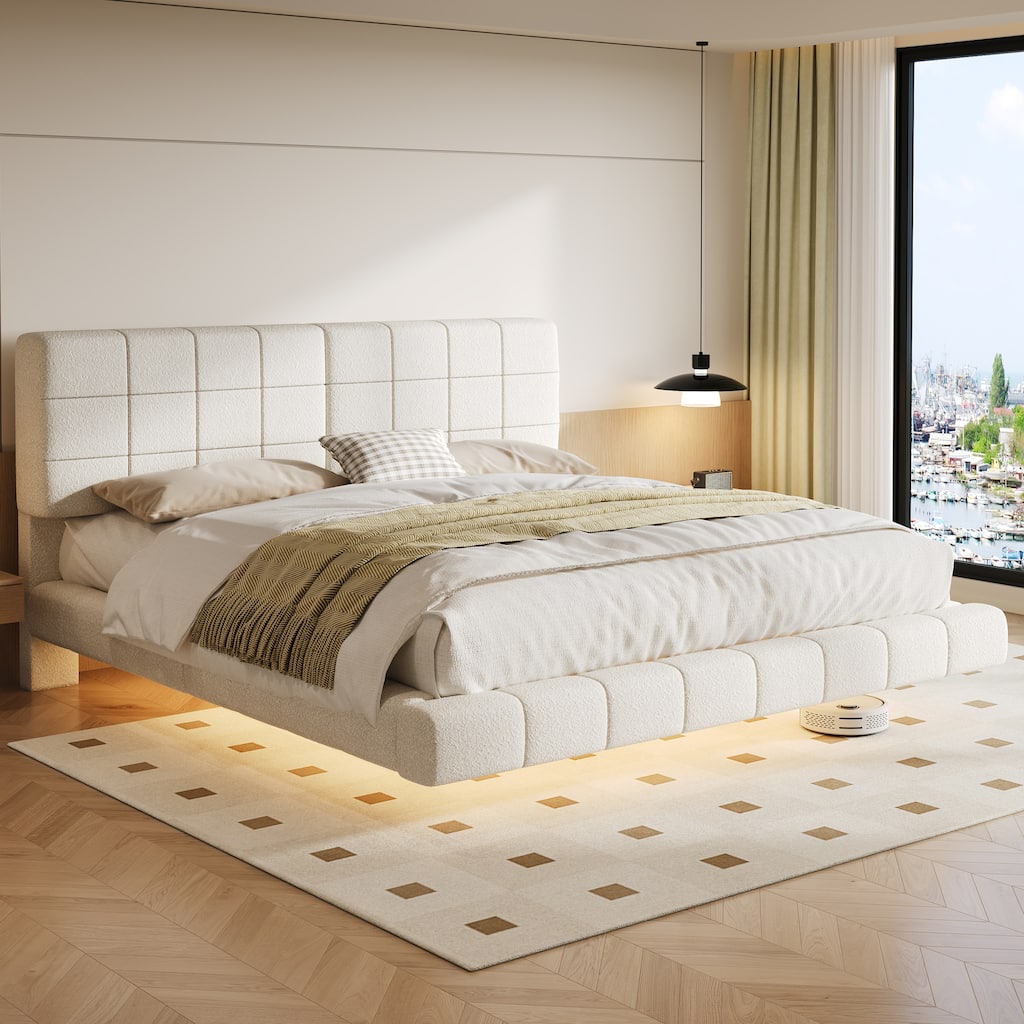 Floating Platform Bed Frame with LED Lights, Headboard, Modern Upholstered Boucle Fabric Bed with Checkerboard Design