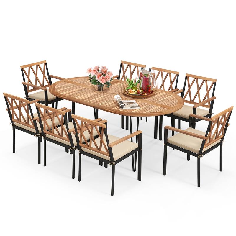 Gymax 9 PCS Patio Dining Set Table w/ Acacia Wood Top & Umbrella Hole - Natural