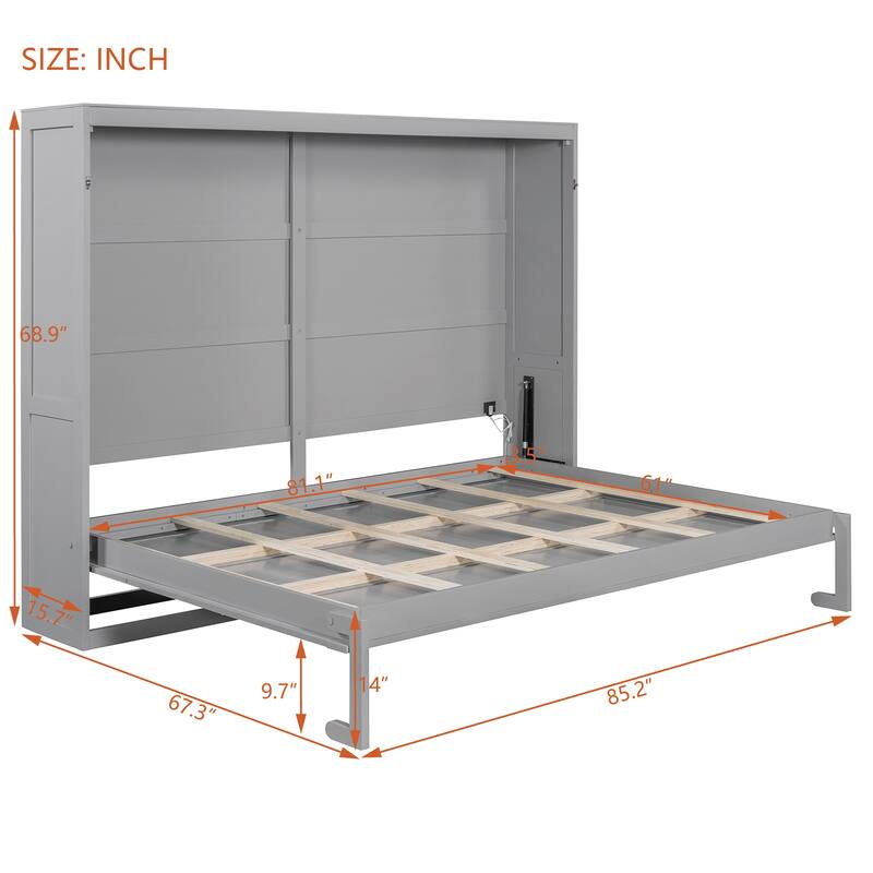 Modern Queen Size Murphy Bed with LED Lights, Wall Bed Cabinet with Wooden Slats, Space-Saving Foldable Design
