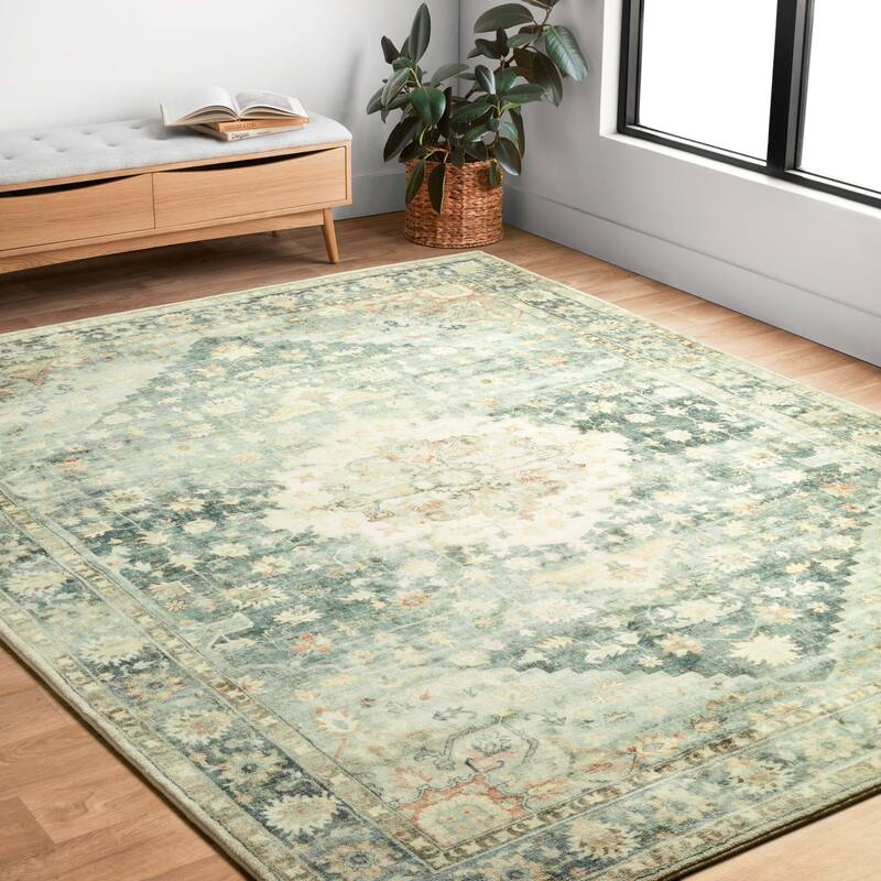Alexander Home Juliet Floral Ultra-Soft Distressed Oriental Rug - 7' 6" x 9' 6" - Teal / Ivory