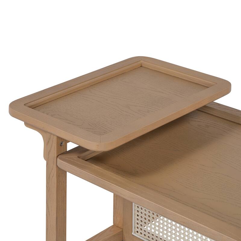 Modern Wooden Nesting Coffee Table with Tray and Natural Rattan Wood for Living Room