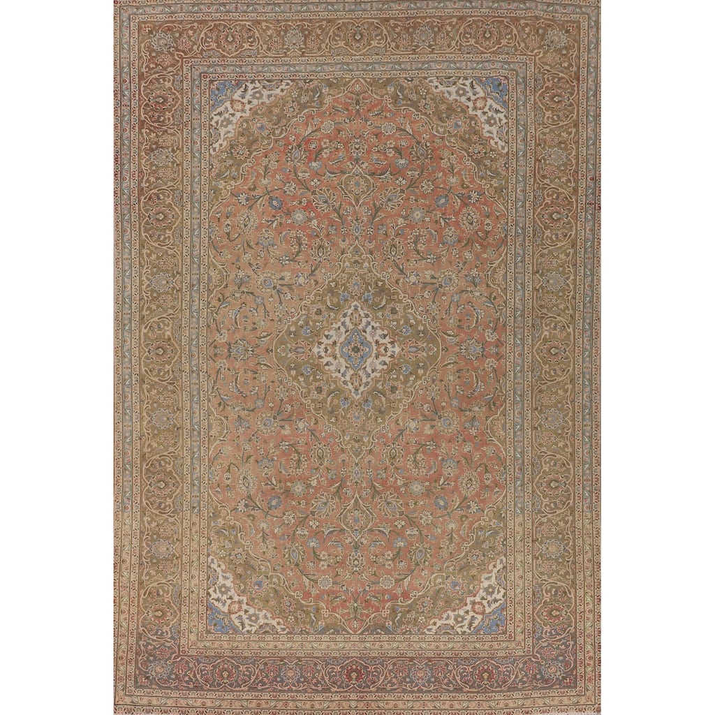 Traditional Mashad Persian Vintage Area Rug Hand-Knotted Wool Carpet - 9'7" x 13'5"