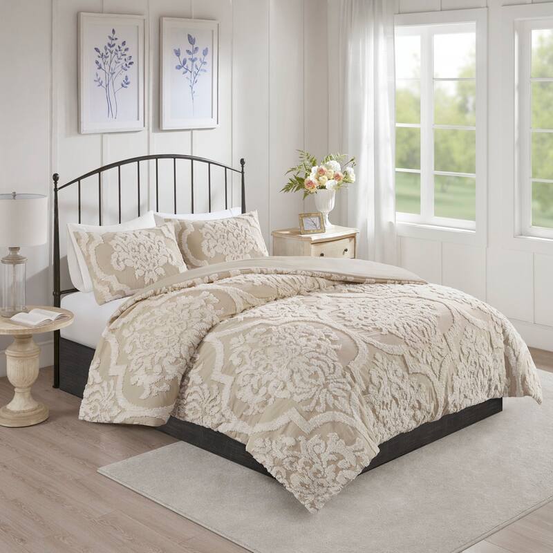GDF Studio - Tufted Cotton Chenille Damask 3-Piece Comforter Set - Taupe