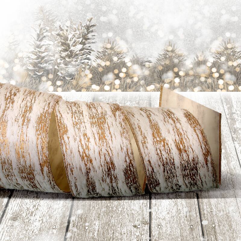 4"X10y Faux Fur Birch Wired Ribbon - 4" x 10 Yards