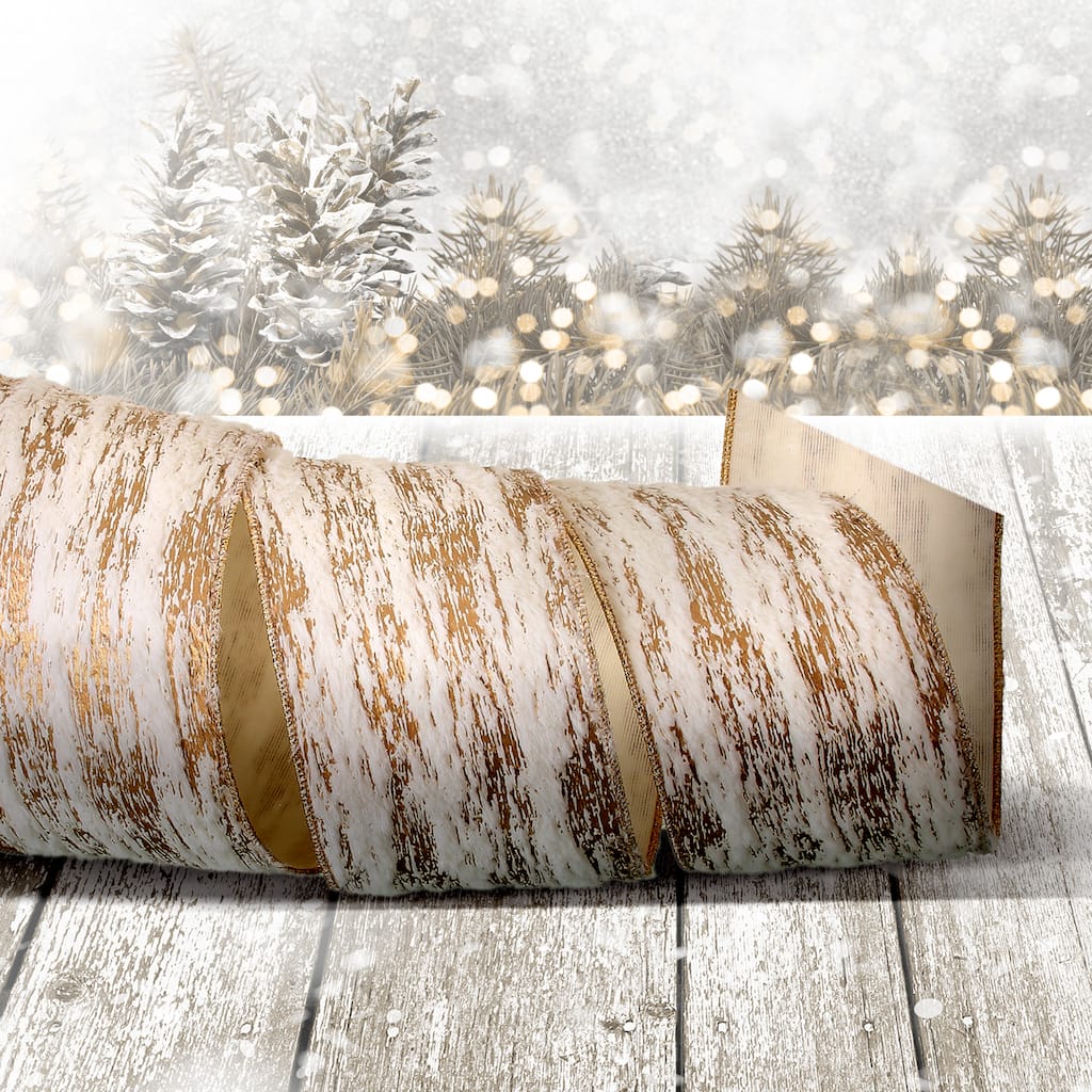 4"X10y Faux Fur Birch Wired Ribbon - 4" x 10 Yards