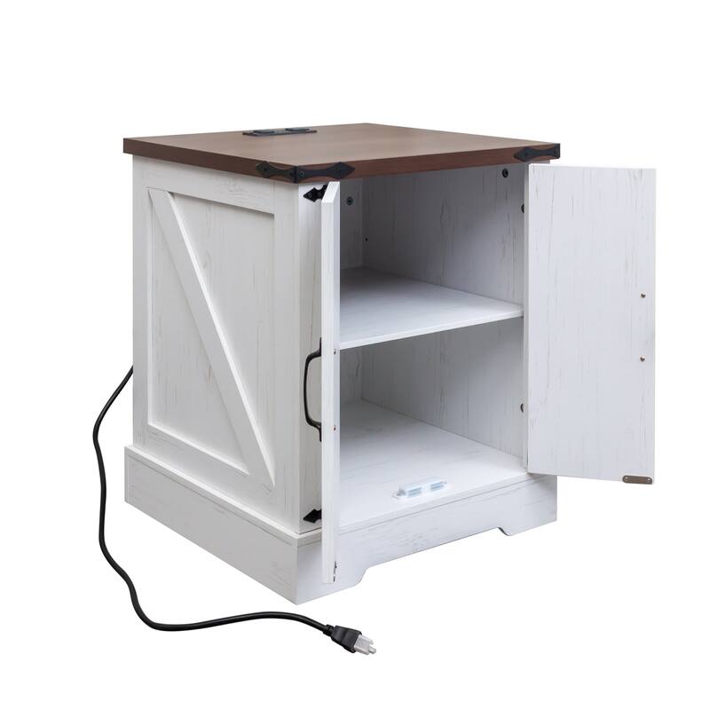 Farmhouse End Table with Charging Station, Rustic Wood Nightstand with Adjustable Shelf, 19.6"W Versatile Walnut Sofa Si