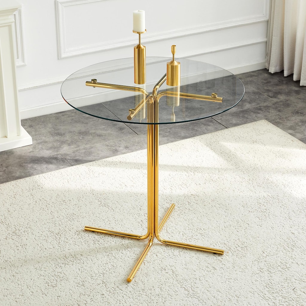 36" Round Glass Bar Table - Tempered Glass Top, Gold Chrome Column Base, Space-Saving Design