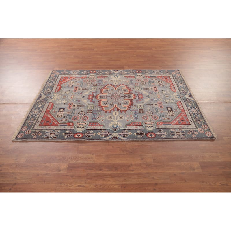 Gray Geometric Heriz-Serapi Accent Rug Hand-Knotted Wool Carpet - 4'1"x 5'9"