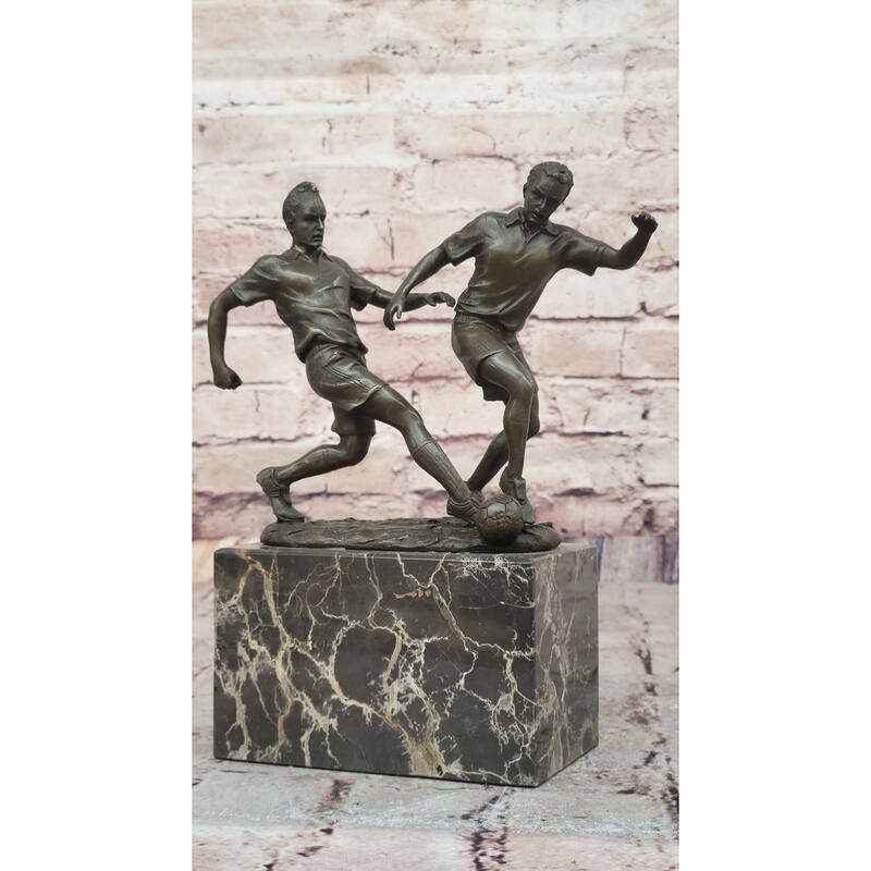 Bronze Soccer Players Sculpture – Dynamic Dual-Player Figurine On Marble Base