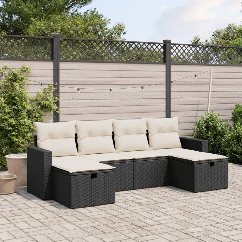 vidaXL Patio Sofa Set with Cushions Outdoor Furniture 6 Piece Poly Rattan - Black and cream Large without storage