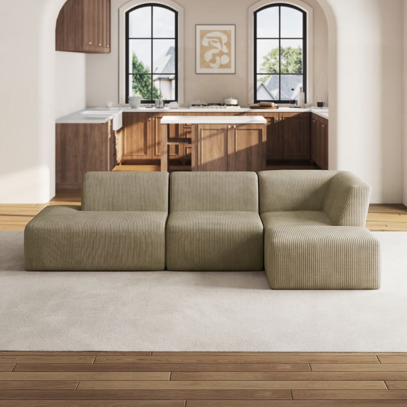 Corduroy Fully Sponge Molded Modular Sectional Sofa with Ottoman - Khaki-4 Piece - Left Facing