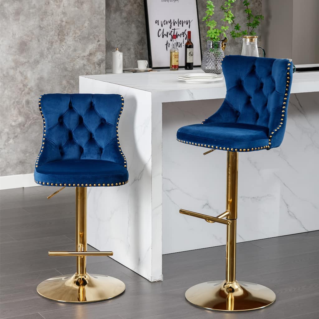 Furniture Set of 2 Swivel Velvet Bar Stools, Golden Base & Tufted Back, Adjustable Height 25-33" - Blue