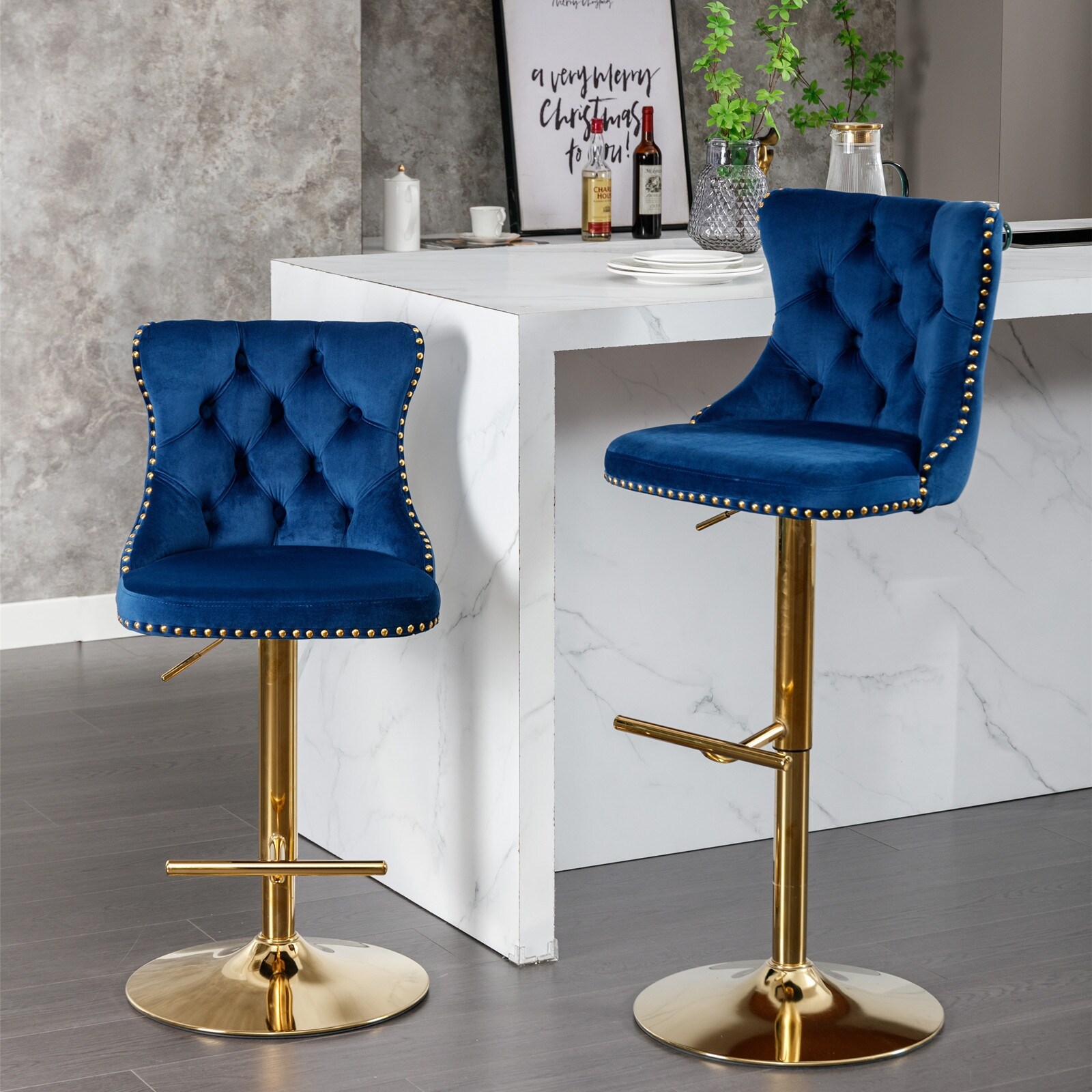 Golden Swivel Velvet Barstools Adjusatble Seat Height Modern Upholstered Bar Stools with Backs Comfortable Tufted Set of 2