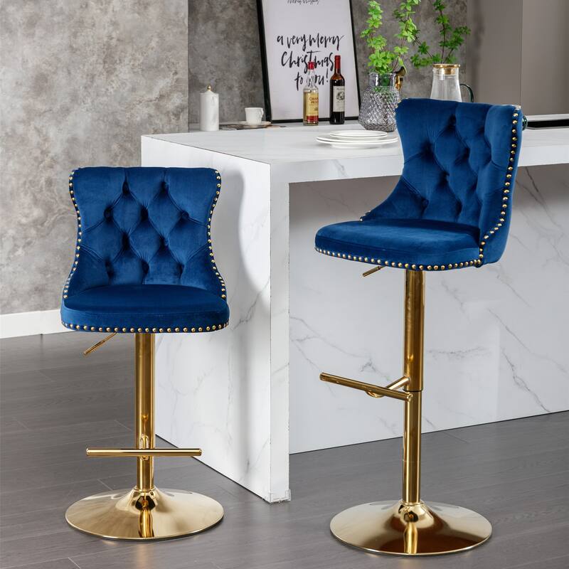 Roomfitters Swivel Velvet Bar Stools Set of 2, Adjustable Height Tufted Upholstered Counter Chairs with Gold Base