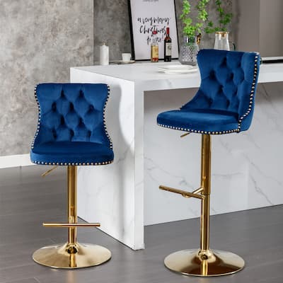 Set of 2 Velvet Upholstered Button Tufted Bar Stools with Gold Metal Base, 360° Swivel Adjustable Height Bar Stools with Back