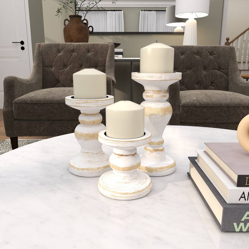 Brown or White Wood Beaded Pillar Candle Holder (Set of 3)