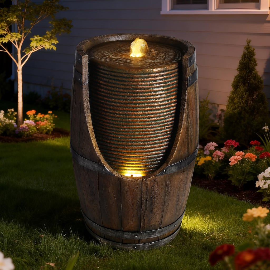 Outdoor Barrel Water Fountain with Lights Rustic Wood Look Resin Handmade Waterfall Garden Decor for Patio Yard Porch