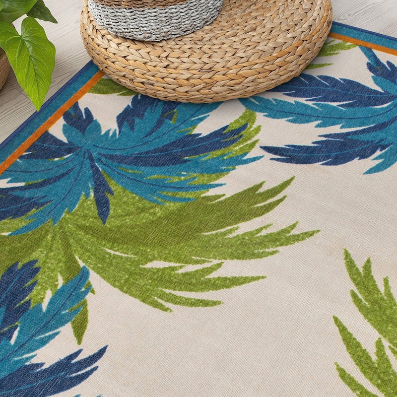 Tropical Floral Border Flatweave Indoor/Outdoor Area Rug