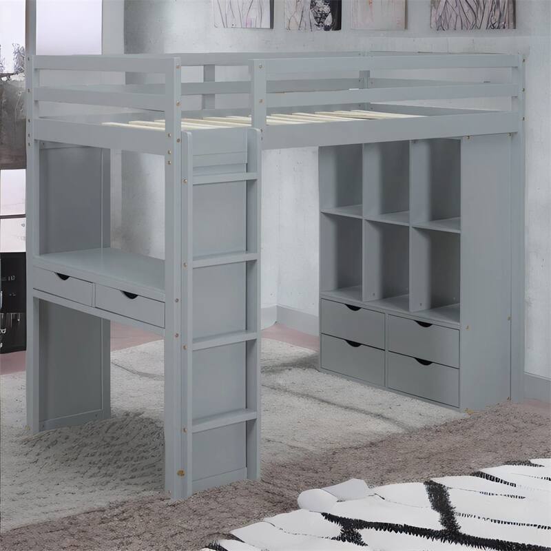 Full Size Loft Bed with large shelves, writing desk and LED Light