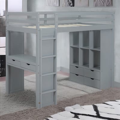 Full Size Loft Bed with large shelves, writing desk and LED Light