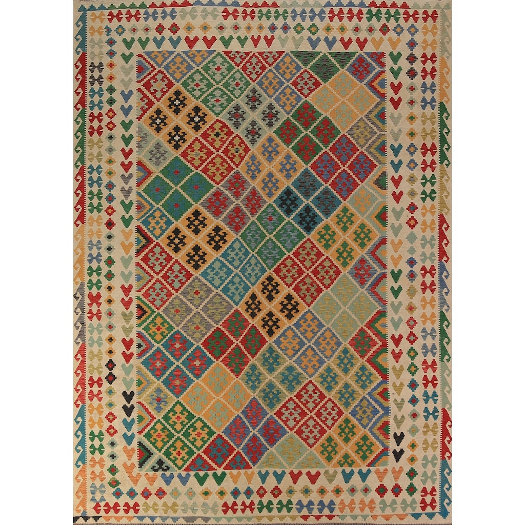 Geometric Trellis Kilim Oriental Rug Hand-Woven Tribal Wool Carpet - 8'9"x 11'4"