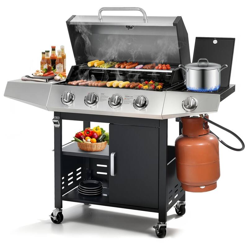 4-Burner Propane Gas Grill with Side Burner and Cabinet Storage, 474 Sq. In. Stainless Steel Outdoor BBQ Grill - N/A