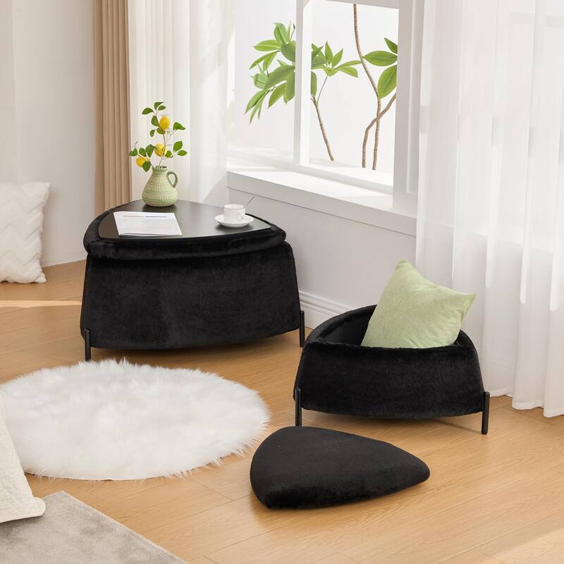 2 Piece Fabric Storage Footstool Set Footstool Shoe Stool with Metal Legs - Black