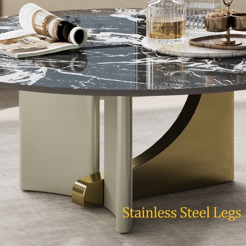 35.43" Modern Black Round Coffee Table, Glossy Faux Marble table top, Gold Stainless Steel Legs