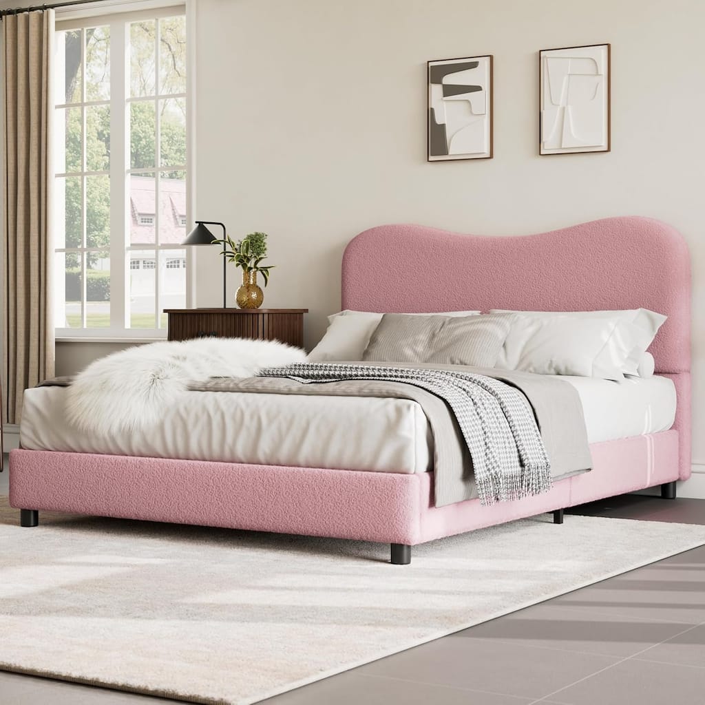 Kids Boucle Upholstered Platform Bed with Headboard, Low Profile, Wood Slats, Sturdy & Cozy Design