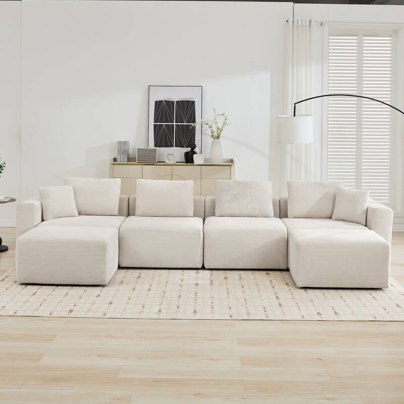 U-shaped Corduroy Sectional Sofa with 2 Large Ottomans, Square Arms & Ottoman Extension