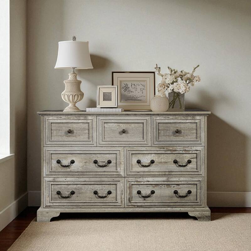 Farmhouse 7 Drawer Dresser, Rustic Wooden Chest of Drawers with Vintage Handles, Storage Organizer for Bedroom and Hallway - Ancient Oak