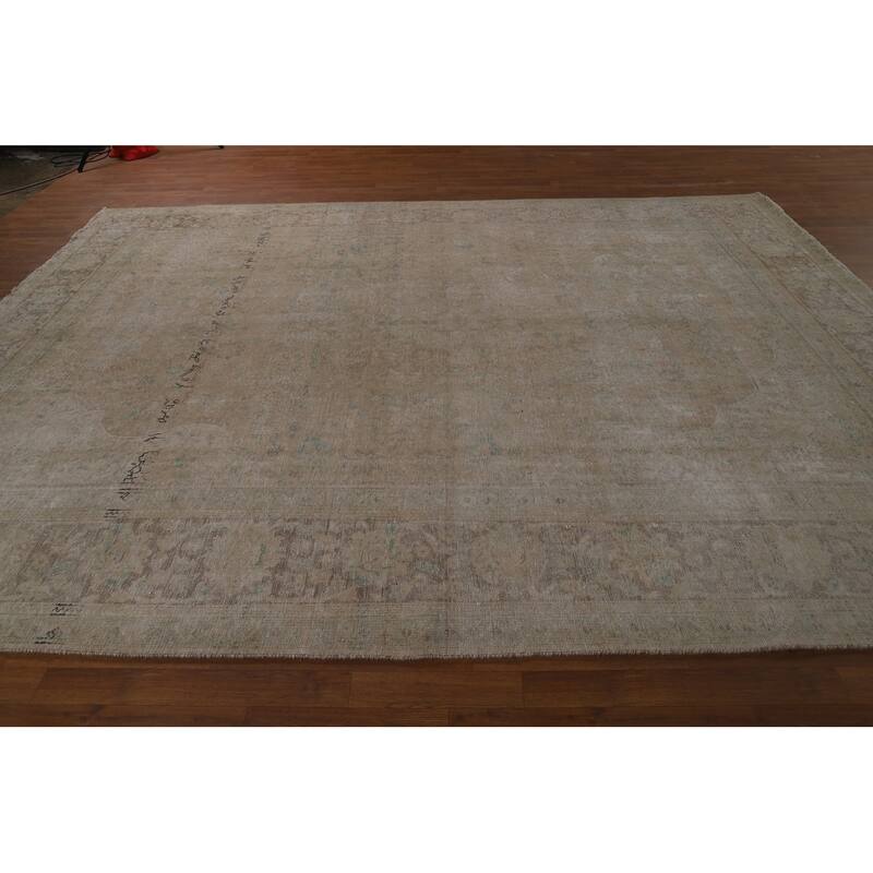 Distressed Beige Tabriz Persian Vintage Rug Hand-Knotted Wool Carpet - 9'1"x 11'9"