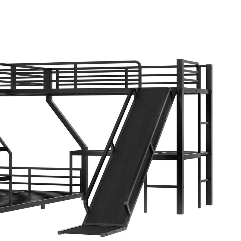 L-Shaped Twin XL over Queen Bunk Bed with Twin Size Loft Bed, Metal Triple Bunk Bed with Slide and USB Ports, Space-saving