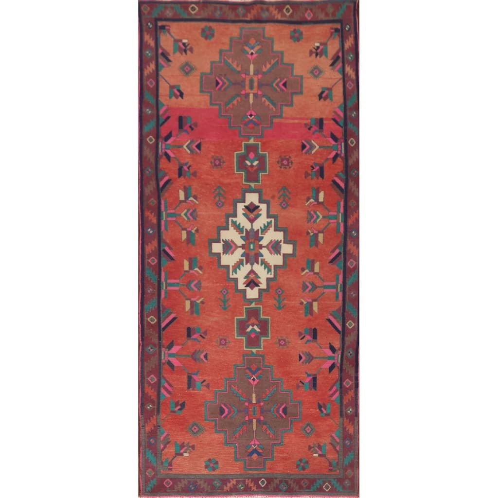 Geometric Hamedan Persian Vintage Runner Rug Hand-Knotted Wool Carpet - 4'1" x 10'3"