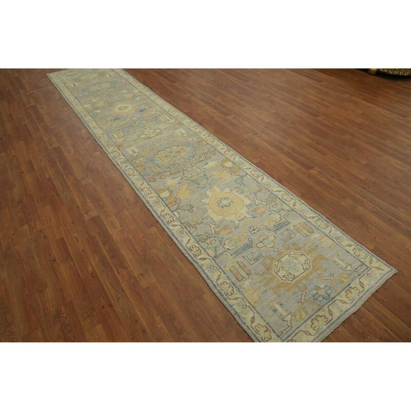 Vegetable Dye Wool Oushak Turkish Runner Rug, Floral Geometric Carpet - 13' 9'' X 2' 10''