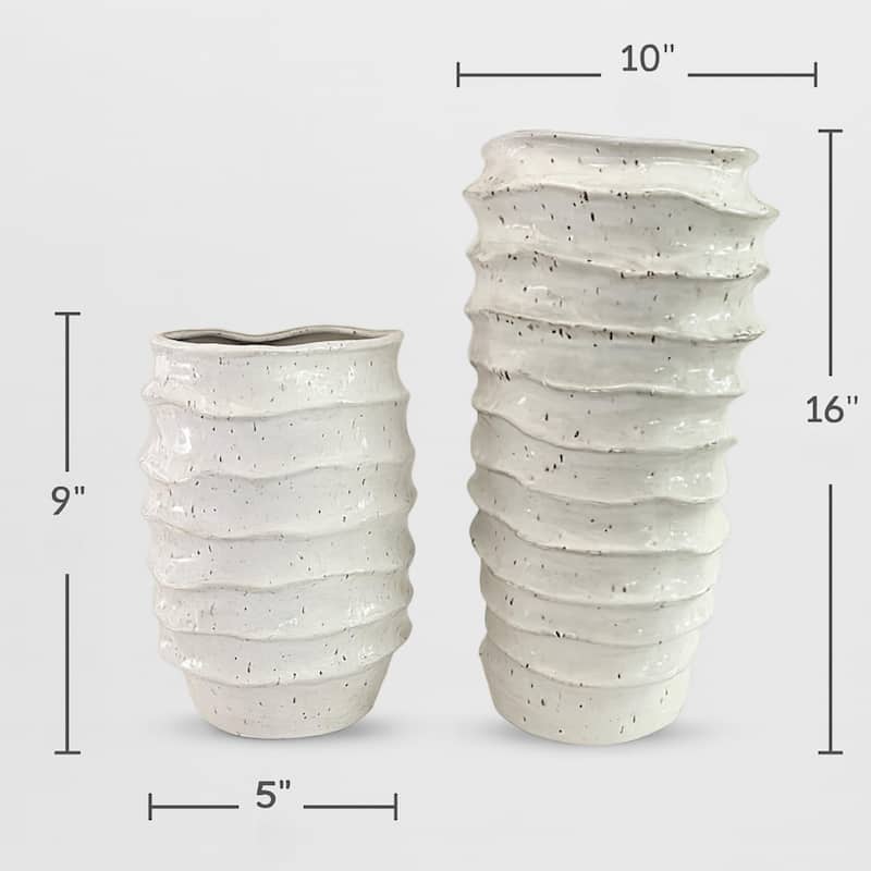 Aria Home White Creamy Ceramic Grooved Vases Modern Decor Set of 2