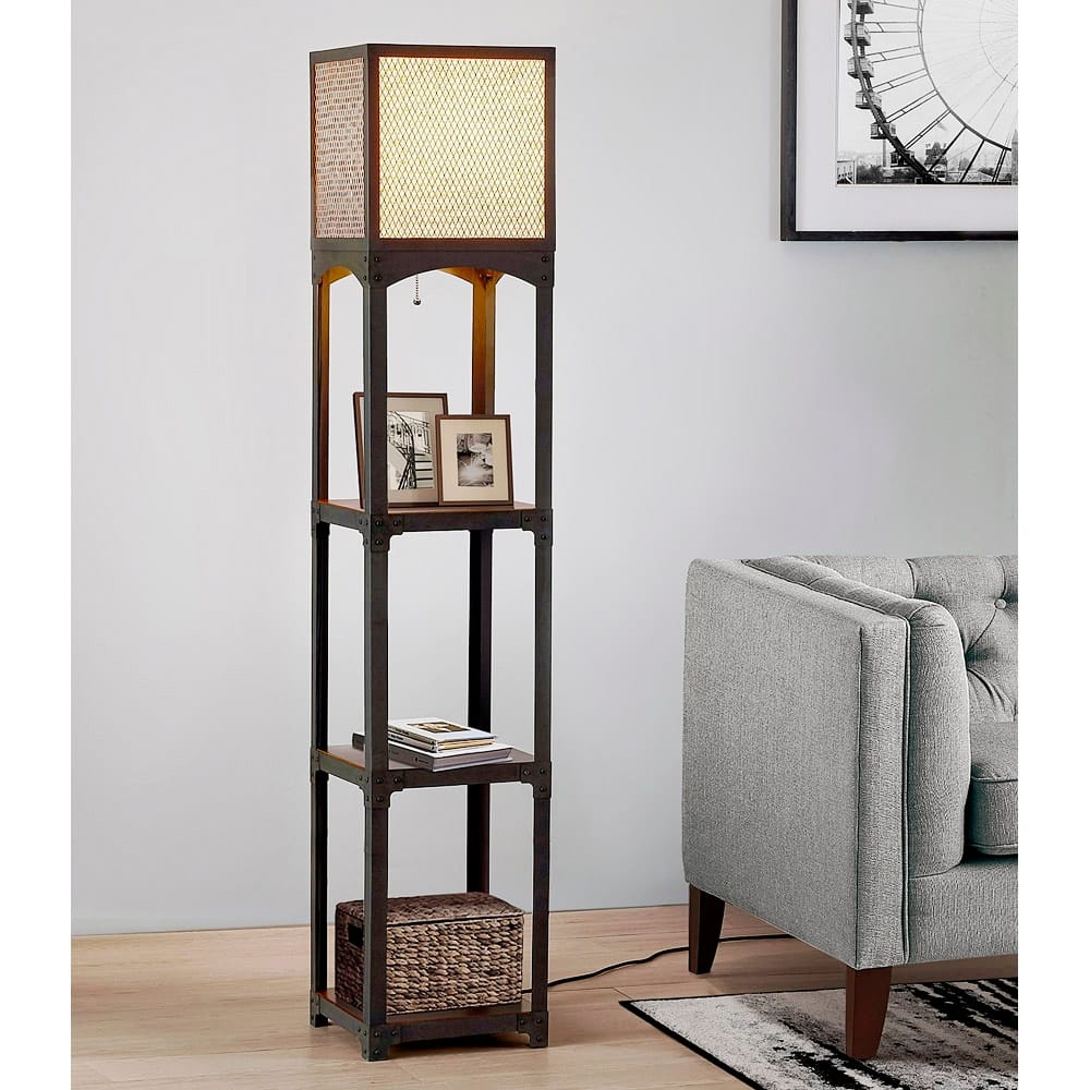 64"H Vintage Iron with Wood Shelves Floor Lamp