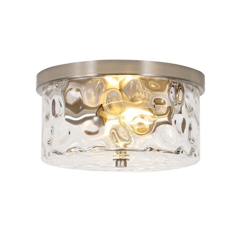 2-Light Flush Mount Ceiling Light with Clear Hammered Glass - 9.8" - Brushed Nickel