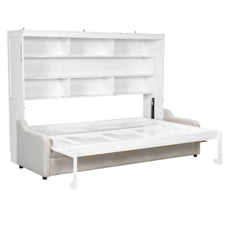 Roomfitters Murphy Cabinet Bed with Foldable Sofa, Built-in Storage Shelves and LED Lighting, Space-Saving Wall Bed, Beige