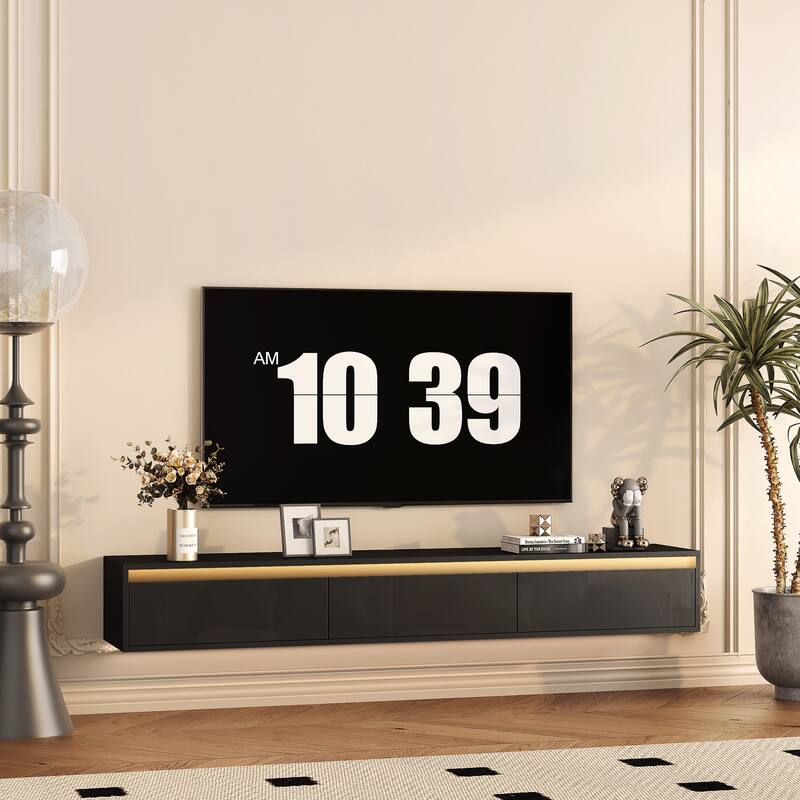 Modern Floating Wall-Mounted TV Stand with High-Gloss TV Stand, featuring LED Lights and Power Outlets, for Living Rooms