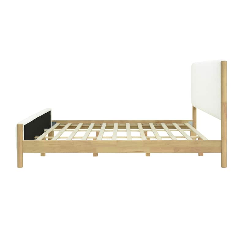 Boucle Upholstered Bed with Rubberwood Legs, Modern Platform Bed with Headboard, Queen/King Scandinavian Bed Frame for Bedroom