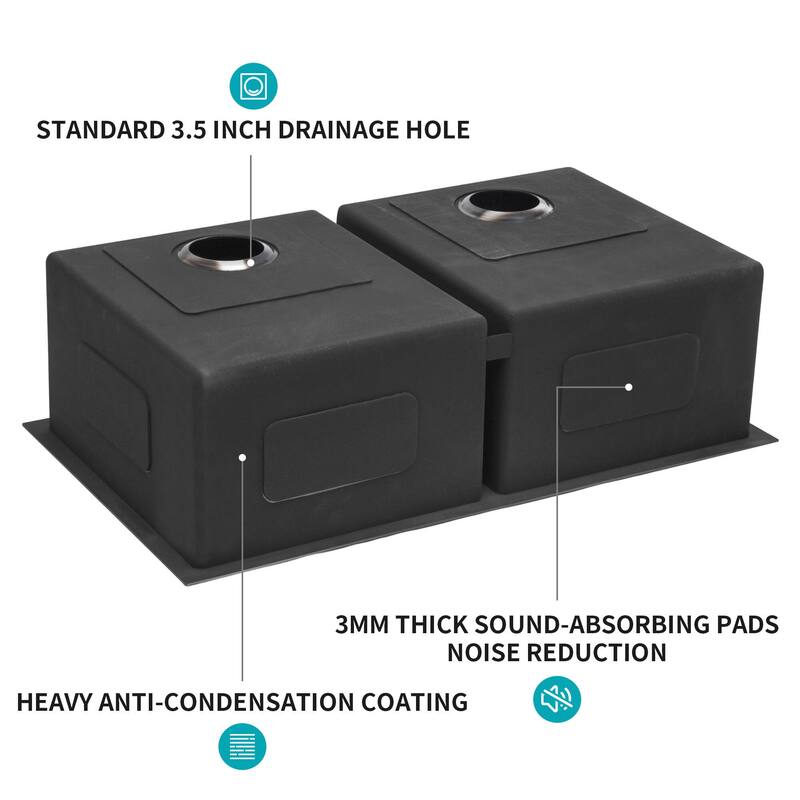 33 inch Gunmetal Black Double Bowl(50/50) Undermount Sink - 33x19x10 inch