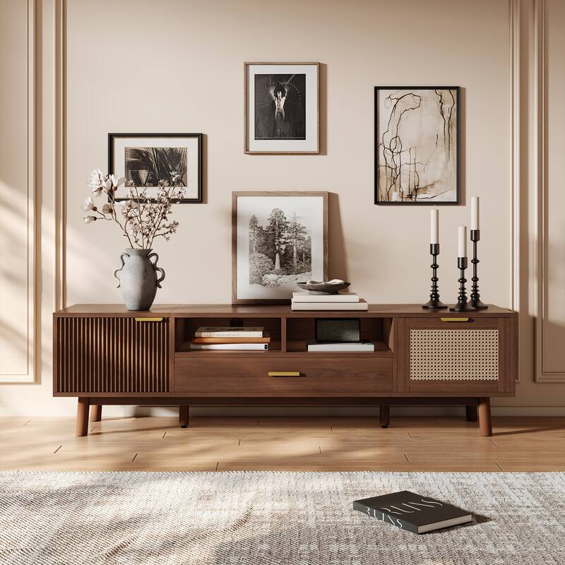 Dark Brown Solid Wood TV Stand for 75" TVs，TV Console with Soft-Closing Door and Drop-Down Door Cabinet