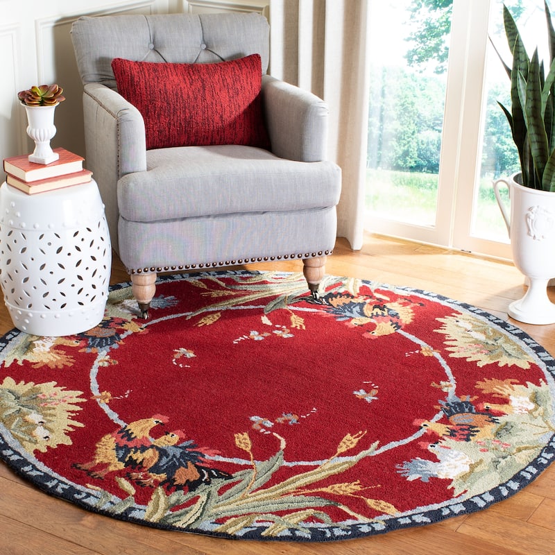 SAFAVIEH Handmade Chelsea Yauheniya French Country Rooster Wool Rug - 5'6" Round - Burgundy